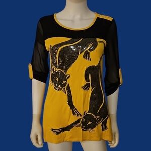 Vintage SHARIF 1827 Couture Yellow Sequin Panther Design Mesh Top